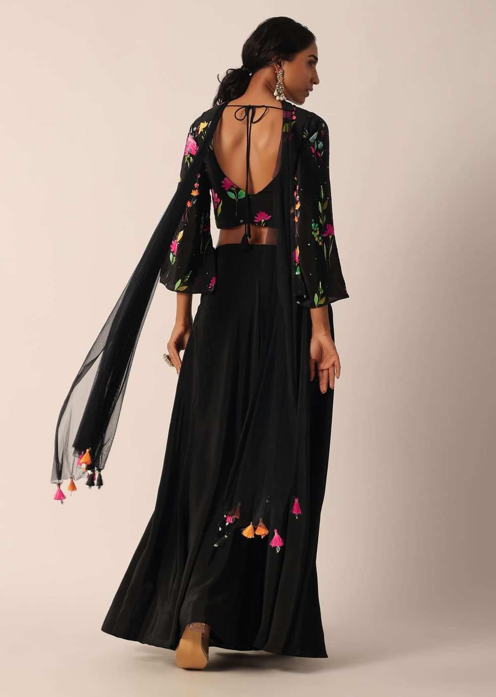 Black Indo Fusion Floral Print Blouse And Palazzo Set