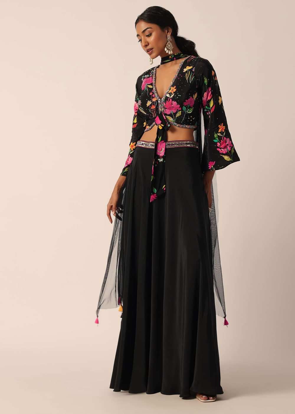 Black Indo Fusion Floral Print Blouse And Palazzo Set