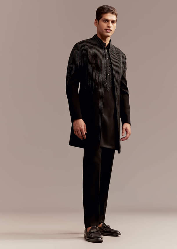 Black Indo Western Kurta Set For Men With Resham And Bead Embroidery Black Indo Western Kurta Set For Men With Resham And Bead Embroidery