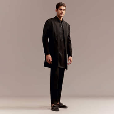 Black Indo Western Kurta Set For Men With Resham And Bead Embroidery