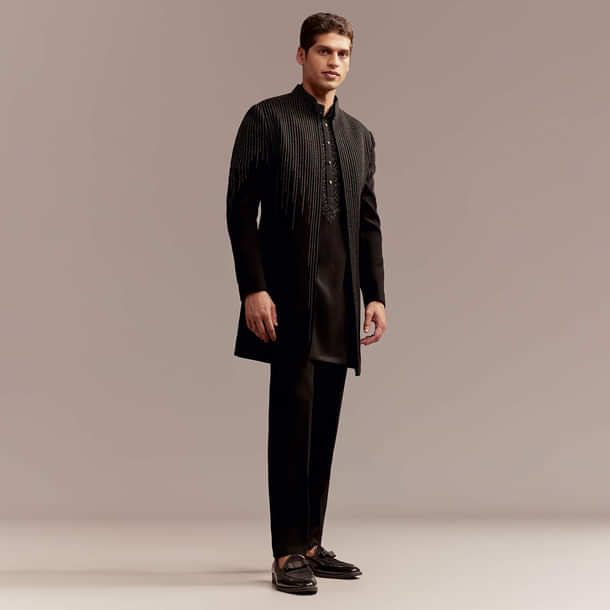 Black Indo Western Kurta Set For Men With Resham And Bead Embroidery Black Indo Western Kurta Set For Men With Resham And Bead Embroidery