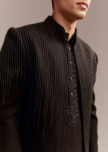 Black Indo Western Kurta Set For Men With Resham And Bead Embroidery