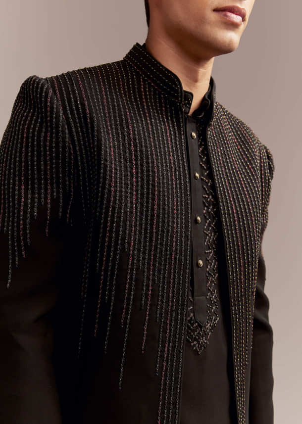 Black Indo Western Kurta Set For Men With Resham And Bead Embroidery Black Indo Western Kurta Set For Men With Resham And Bead Embroidery
