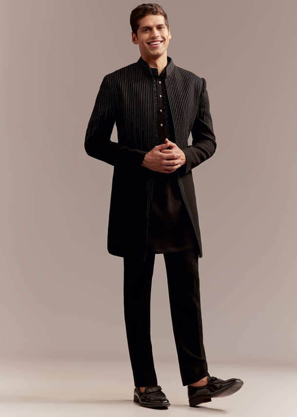 Black Indo Western Kurta Set For Men With Resham And Bead Embroidery Black Indo Western Kurta Set For Men With Resham And Bead Embroidery