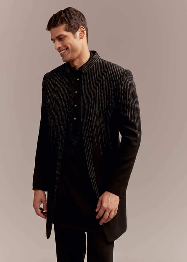 Black Indo Western Kurta Set For Men With Resham And Bead Embroidery Black Indo Western Kurta Set For Men With Resham And Bead Embroidery