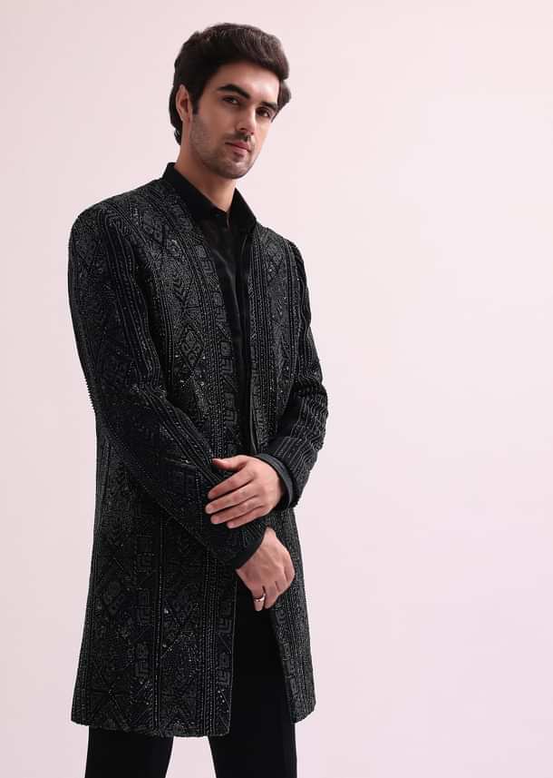 Black Indo Western Lapel Jacket With Shirt And Pant