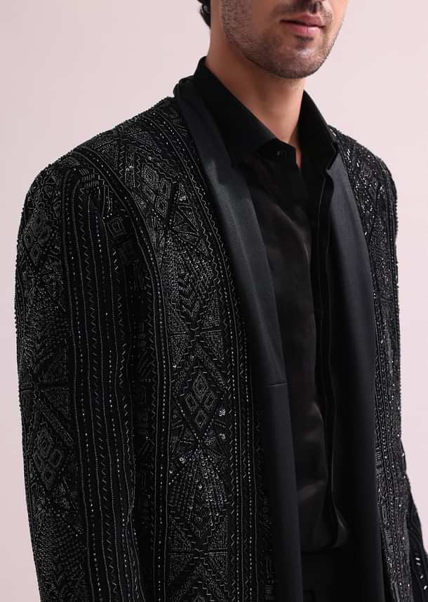 Black Indo Western Lapel Jacket With Shirt And Pant