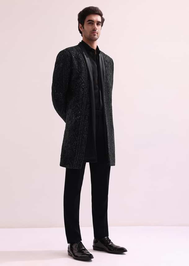 Black Indo Western Lapel Jacket With Shirt And Pant