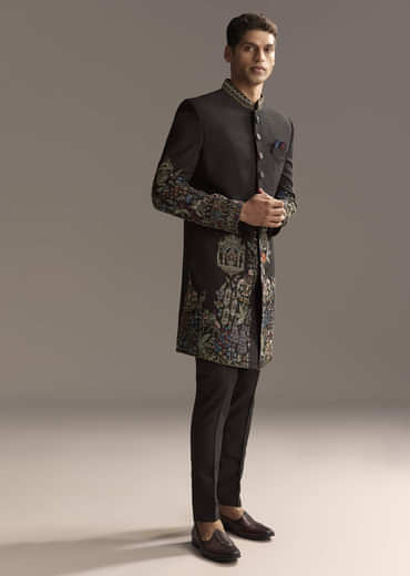 Black Indo Western Set For Men With Heavy Hand Embroidery