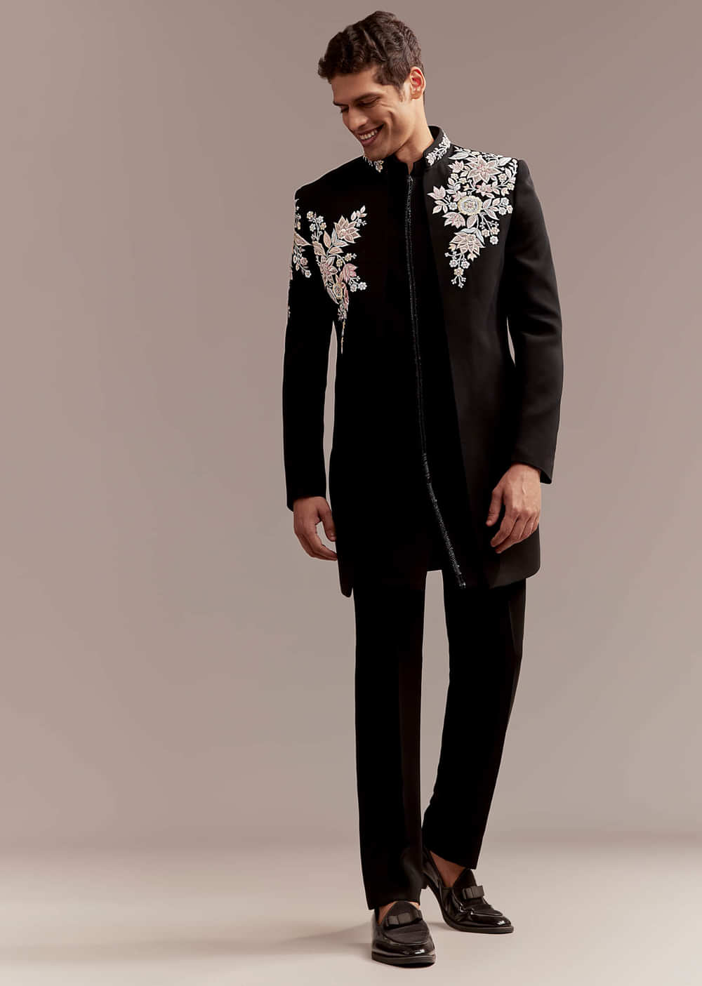 Black Indo Western Set For Men With Multicolour Embroidery