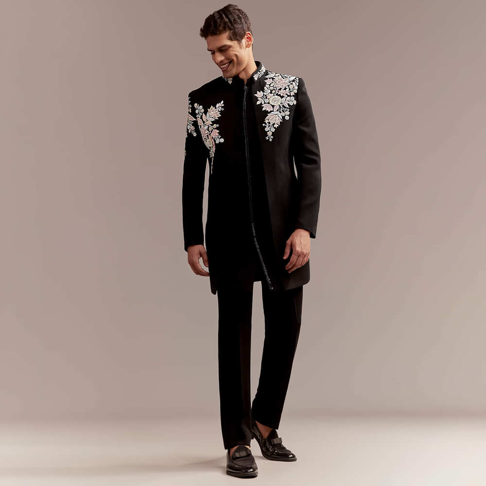 Black Indo Western Set For Men With Multicolour Embroidery