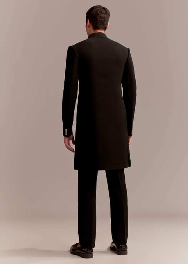 Black Indo Western Set For Men With Nawabi Brooch And Embroidery Black Indo Western Set For Men With Nawabi Brooch And Embroidery