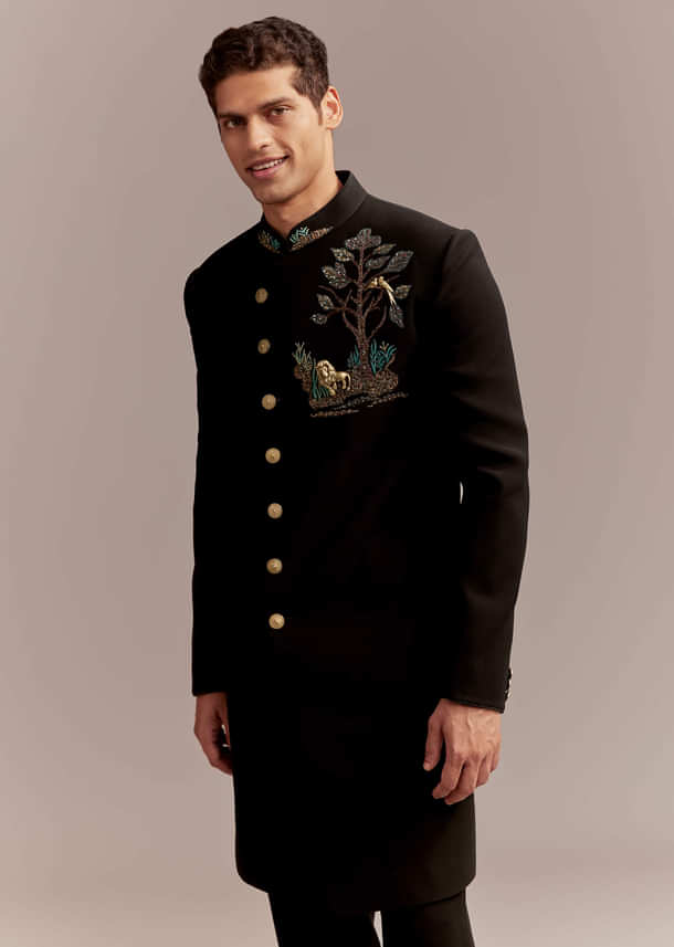 Black Indo Western Set For Men With Nawabi Brooch And Embroidery Black Indo Western Set For Men With Nawabi Brooch And Embroidery