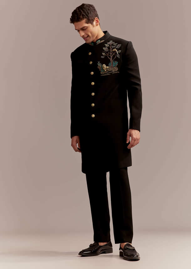 Black Indo Western Set For Men With Nawabi Brooch And Embroidery Black Indo Western Set For Men With Nawabi Brooch And Embroidery