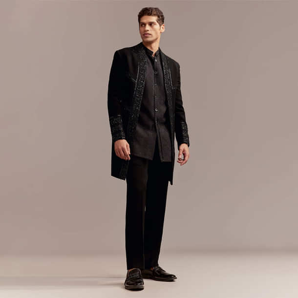 Black Indo Western Set For Men With Tonal Embroidery