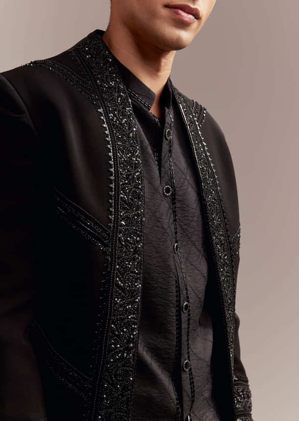 Black Indo Western Set For Men With Tonal Embroidery