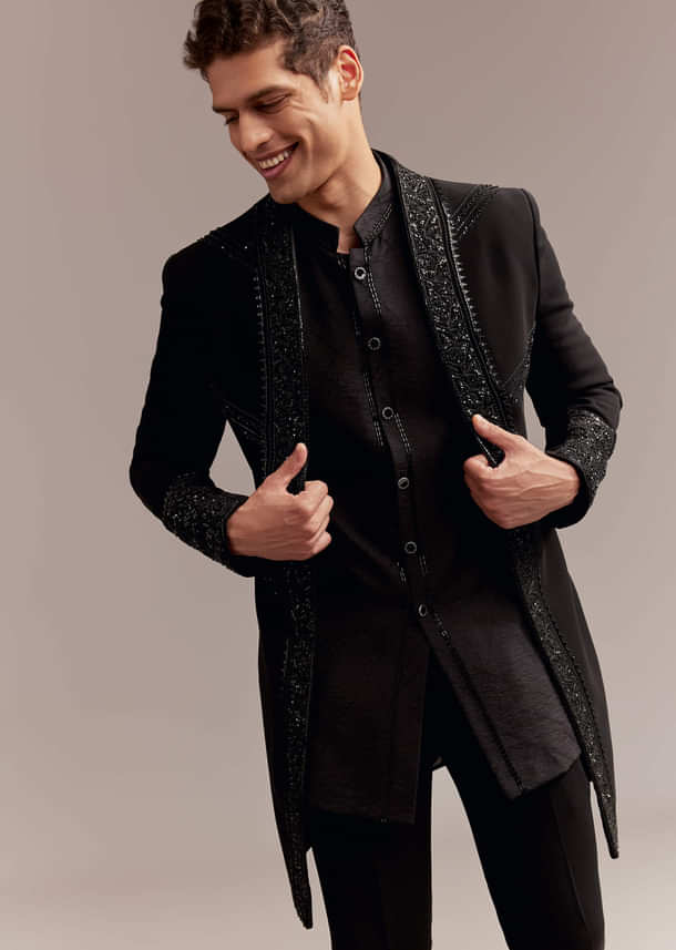 Black Indo Western Set For Men With Tonal Embroidery