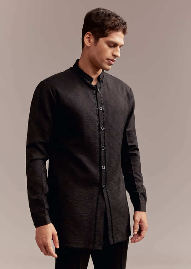 Black Indo Western Set For Men With Tonal Embroidery