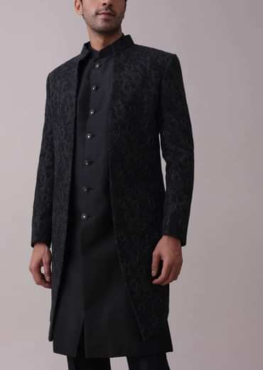 Black Indowestern Achkan Jacket Set In Silk With Moti Embroidery