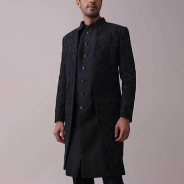 Black Indowestern Achkan Jacket Set In Silk With Moti Embroidery