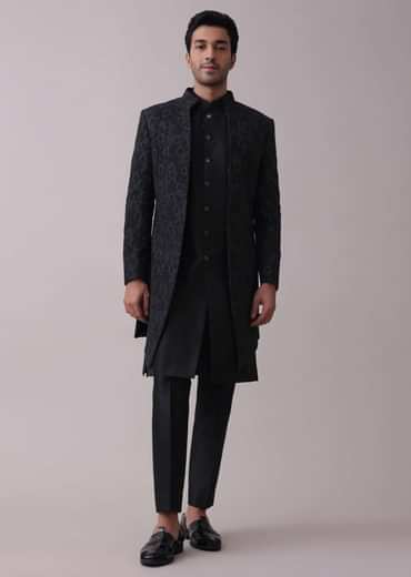 Black Indowestern Achkan Jacket Set In Silk With Moti Embroidery