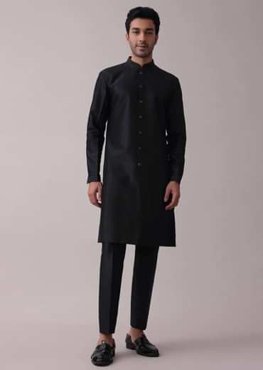 Black Indowestern Achkan Jacket Set In Silk With Moti Embroidery