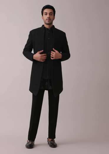 Black Indowestern Four-Piece Embroidered Achkan Jacket Set In Georgette