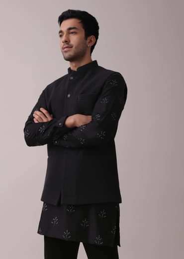 Black Indowestern Four-Piece Embroidered Achkan Jacket Set In Georgette