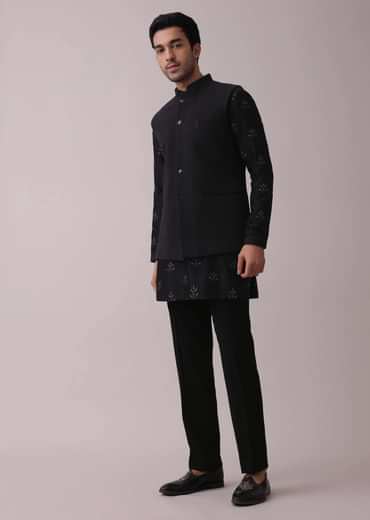Black Indowestern Four-Piece Embroidered Achkan Jacket Set In Georgette