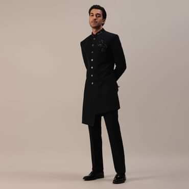 Black Indowestern In Suiting Fabric With Cut Dana Embroidery