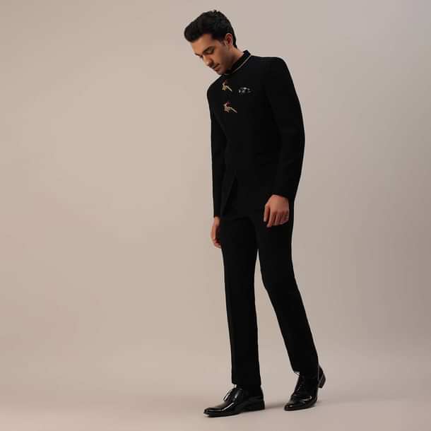 Black Indowestern In Suiting Fabric With Detailed Threadwork