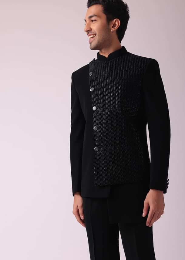 Black Fusion Jodhpuri Suit With Intricate Embroidery
