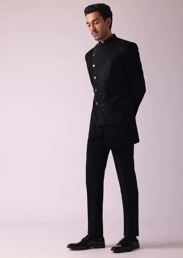 Black Fusion Jodhpuri Suit With Intricate Embroidery