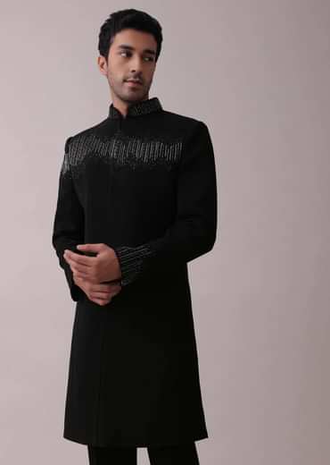 Black Indowestern Jacket Set In Suiting Fabric With Cut Dana Embroidery