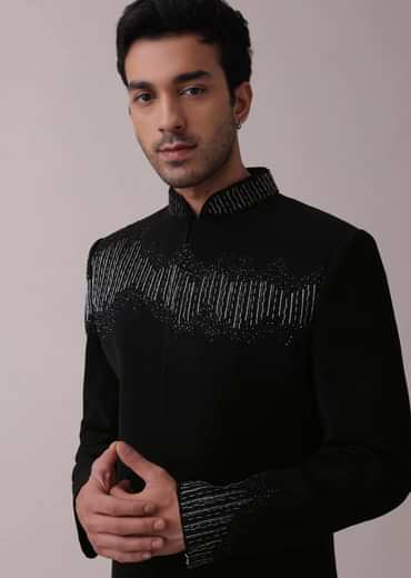 Black Indowestern Jacket Set In Suiting Fabric With Cut Dana Embroidery