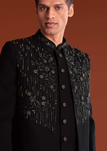 Black Indowestern Jacket Set With Zari And Pearl Work