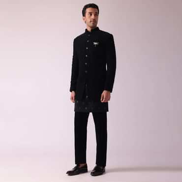 Black Indowestern Set In Velvet With Thread Embroidery