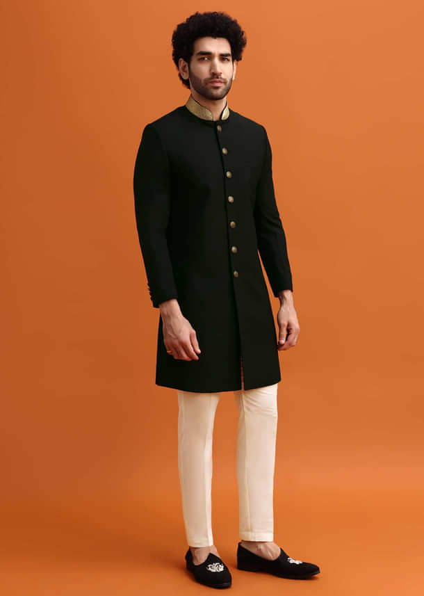 Black Indowestern Set With Zari Work For Men Black Indowestern Set With Zari Work For Men
