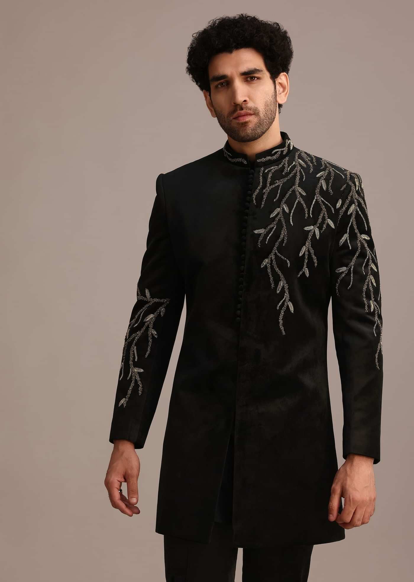 Black Jacquard Indo Western Set with Zardozi Work