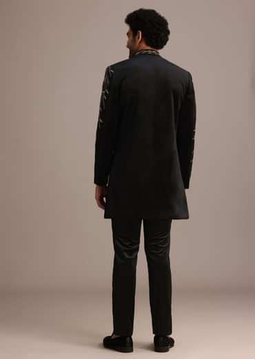 Black Jacquard Indo Western Set with Zardozi Work