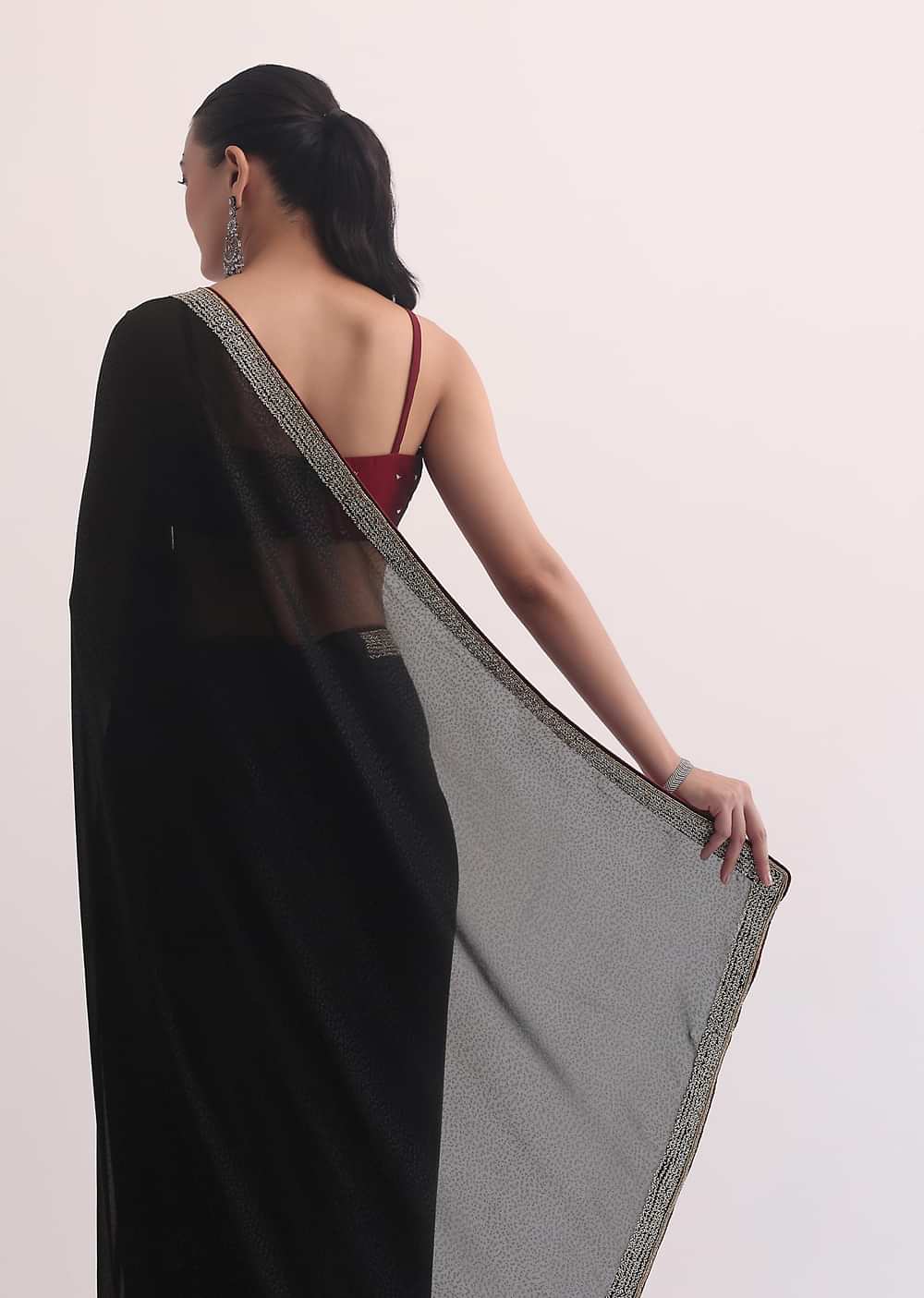 Black Jacquard Saree In Stone Embroidery With Unstitched Blouse
