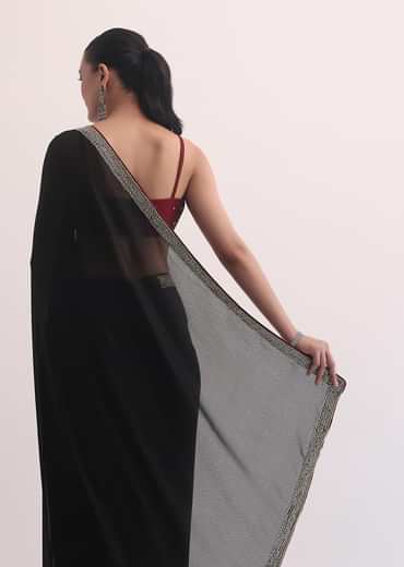 Black Jacquard Saree In Stone Embroidery With Unstitched Blouse