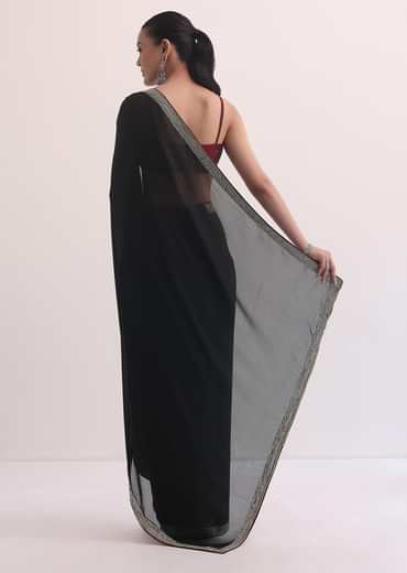 Black Jacquard Saree In Stone Embroidery With Unstitched Blouse
