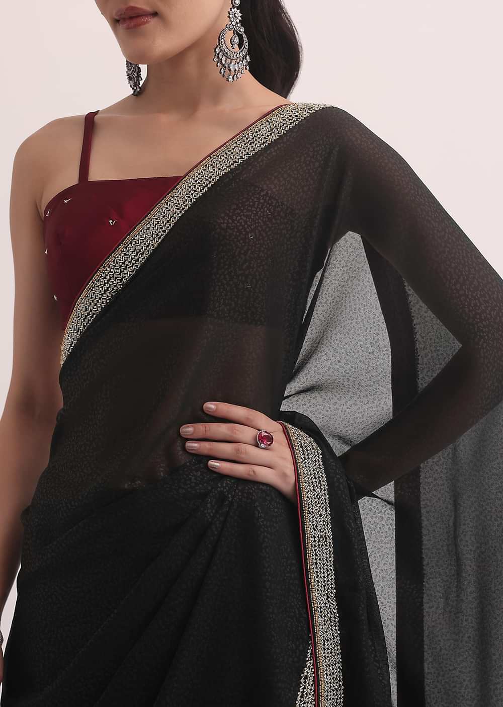 Black Jacquard Saree In Stone Embroidery With Unstitched Blouse