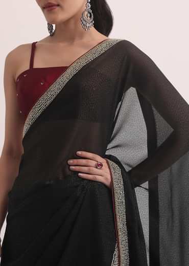Black Jacquard Saree In Stone Embroidery With Unstitched Blouse