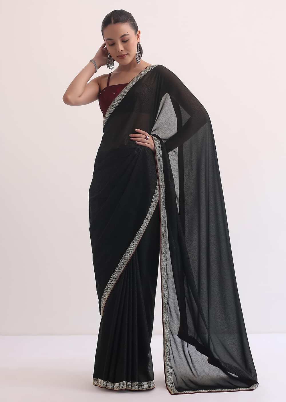Black Jacquard Saree In Stone Embroidery With Unstitched Blouse