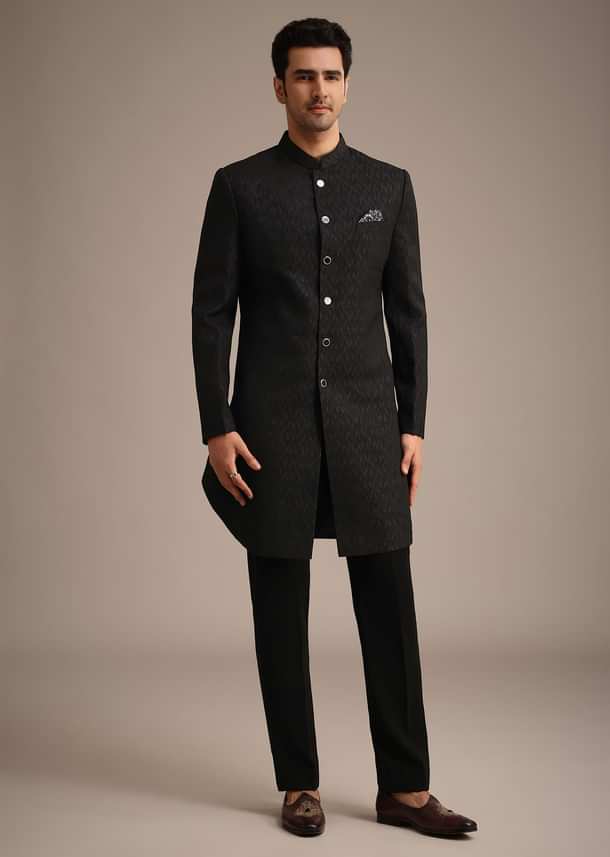 Black Jacquard Silk Indowestern Set