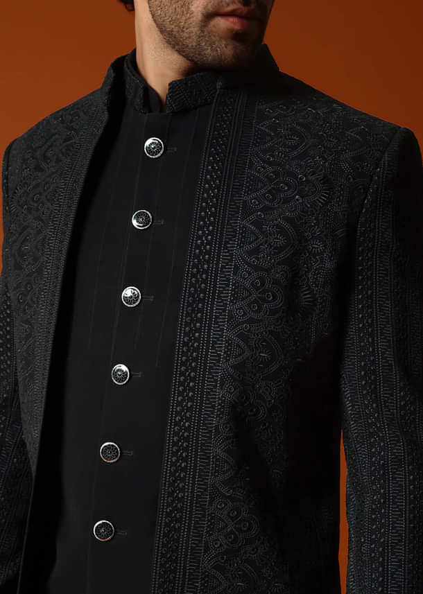 Black Jodhpuri Set In Resham Work For Men
