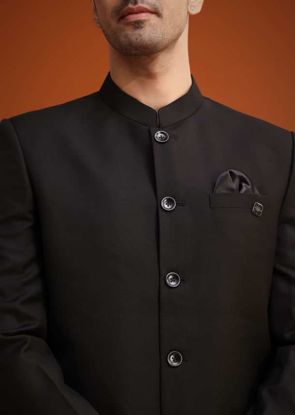Black Jodhpuri Set With Pocket Square Black Jodhpuri Set With Pocket Square