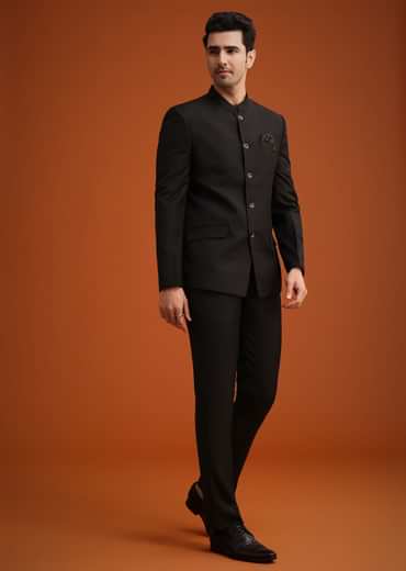 Black Jodhpuri Set With Pocket Square